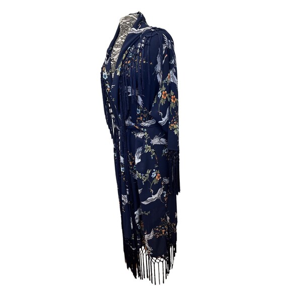 Jennafer Grace Kimono Robe Designer Handmade Blue Cranes Floral Fringe Boho S M - Picture 7 of 15